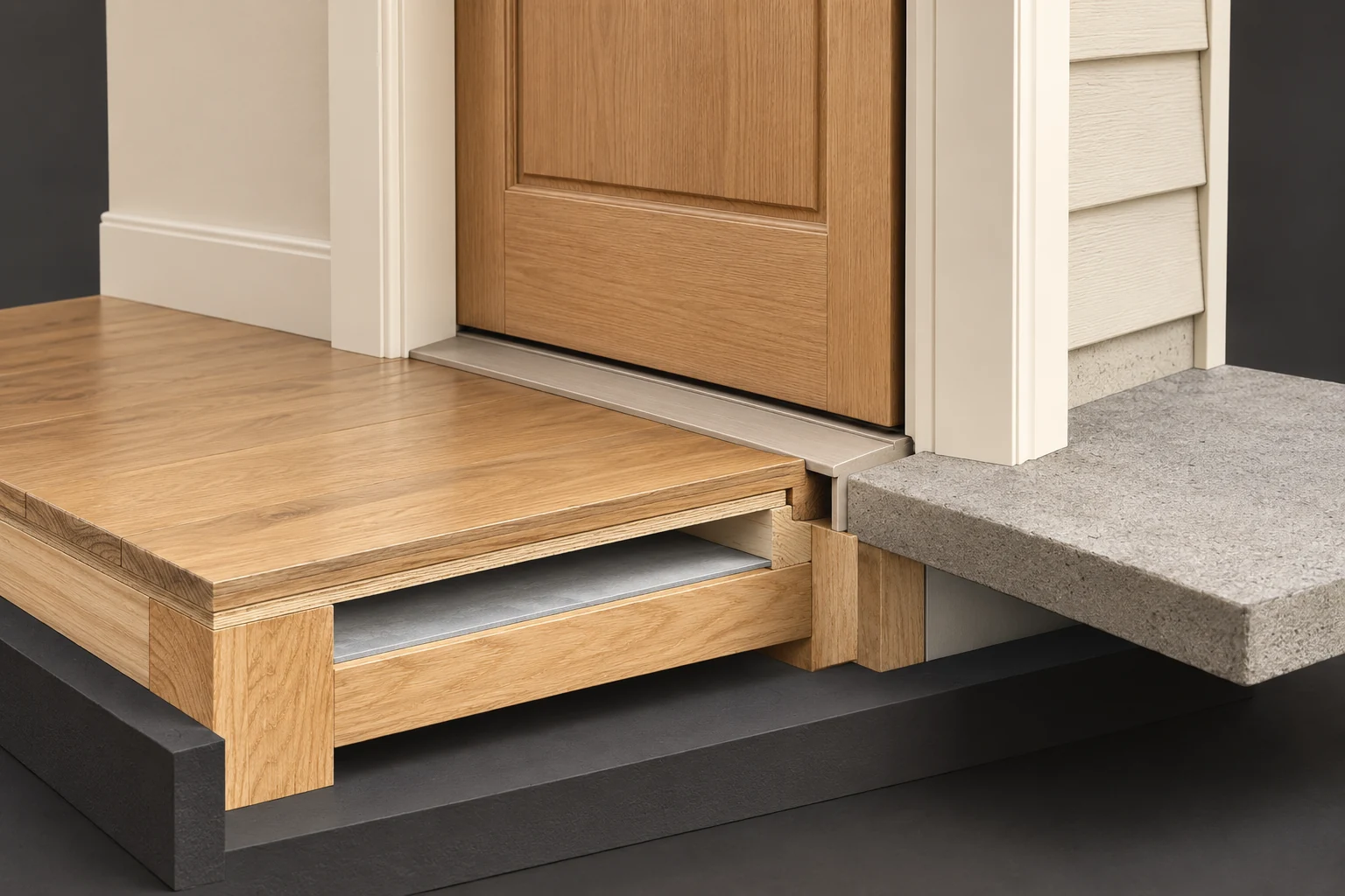 Lower closed timber door above a narrow threshold, an inside timber floor, an outside plain landing-like surface and a conceptual exposed floor-edge band