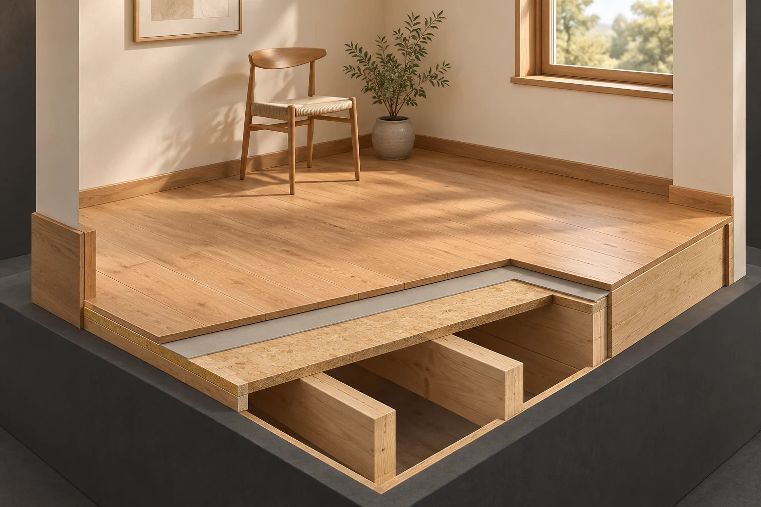 Fictional timber-plank room with a chair and an intentional cutaway showing a pale intermediate band, a broad panel-like plane and timber members beneath