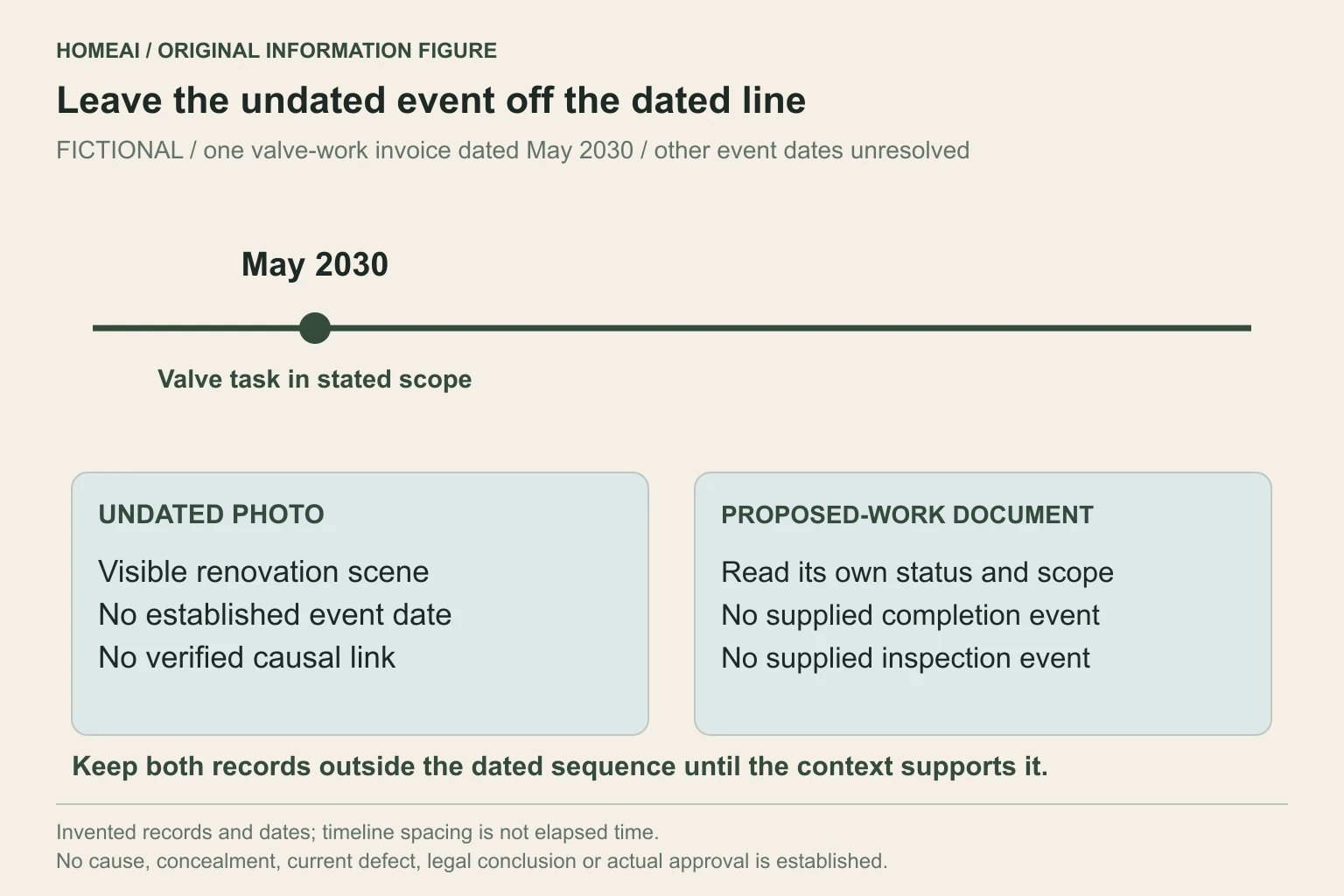 Original fictional chronology diagram shows a valve-work invoice dated May 2030 and an undated renovation photo outside the dated line. A proposed-work permit document has no established completion event.