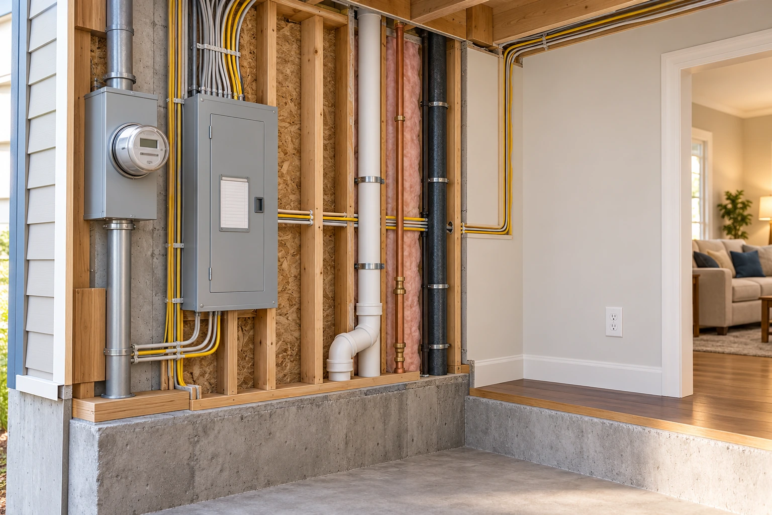 A meter and fully closed distribution panel sit beside visible insulated cable routes that continue behind finishes. Conceptual 3D cutaway; Cable colour and the closed-panel view do not establish conductor roles, wiring condition, protection performance, load capacity, spacing compliance or approval.