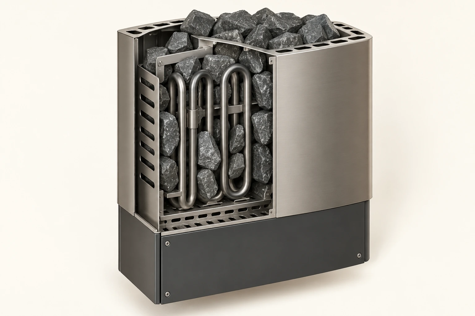 A conceptual electric stone-heater cutaway shows tubular elements among supported dark stones, visible spaces and a closed lower enclosure without wiring.