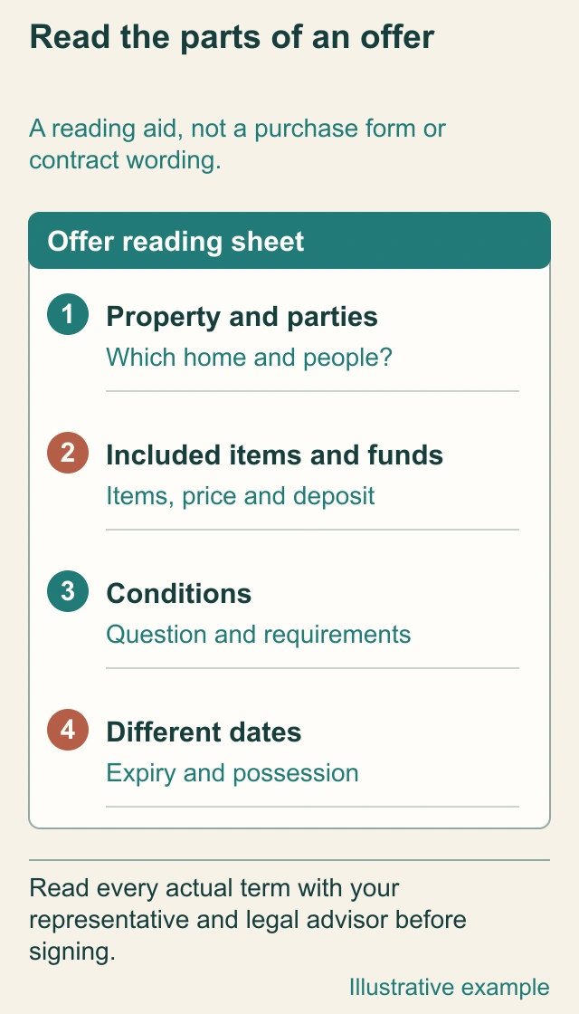 Original annotated conceptual diagram: Read an offer as several decisions. No real property file, official form, approval or contract is represented.