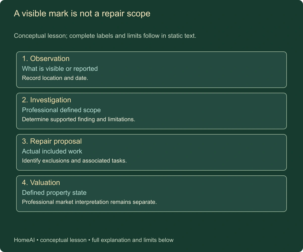 A visible mark is not a repair scope. Conceptual lesson; complete labels and limits follow in static text.