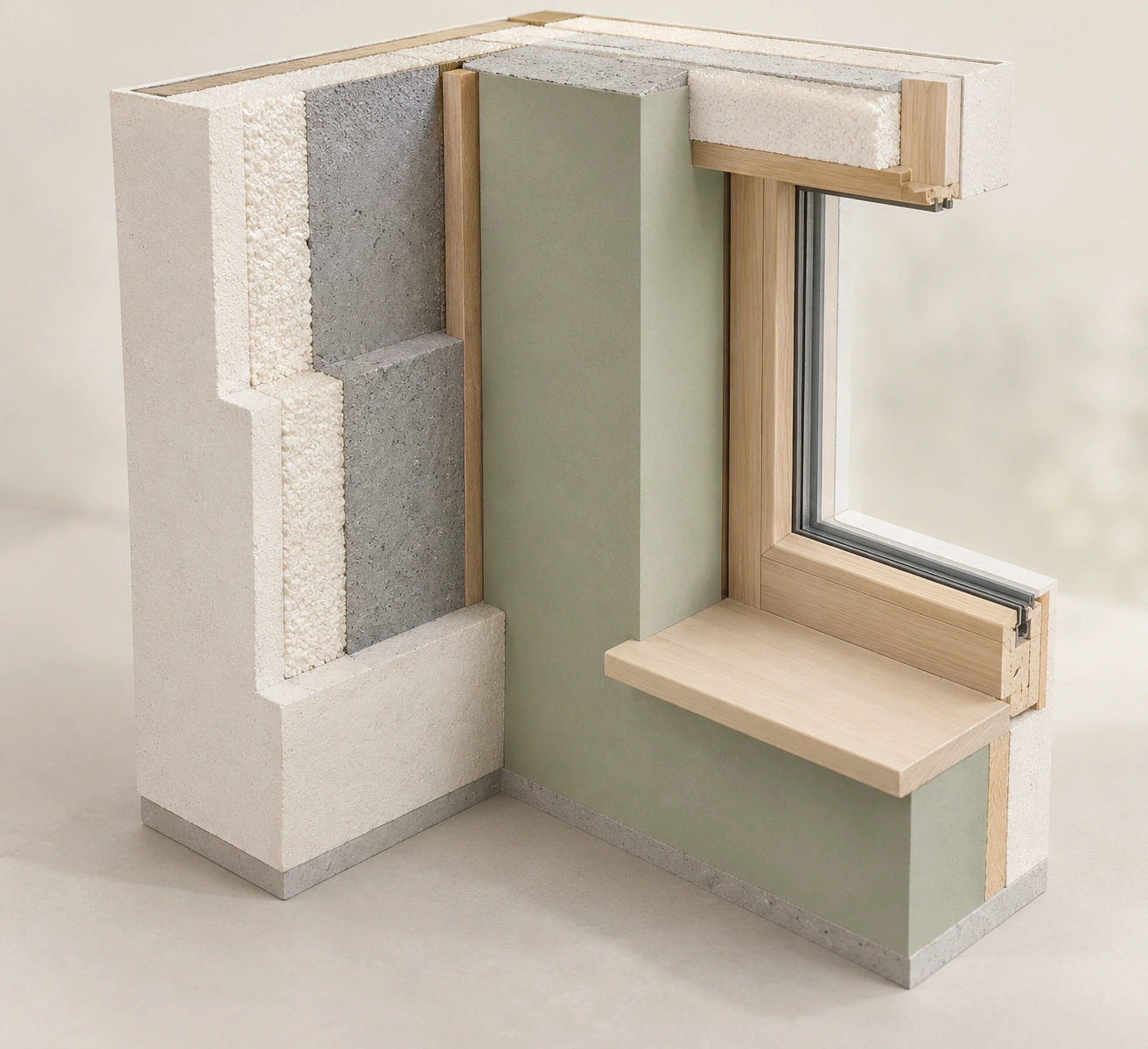 Closed window in thick-looking wall with limited gray-core and pale-foam cutaway; sill/frame visible, actual seals/anchors/reinforcement unshown.