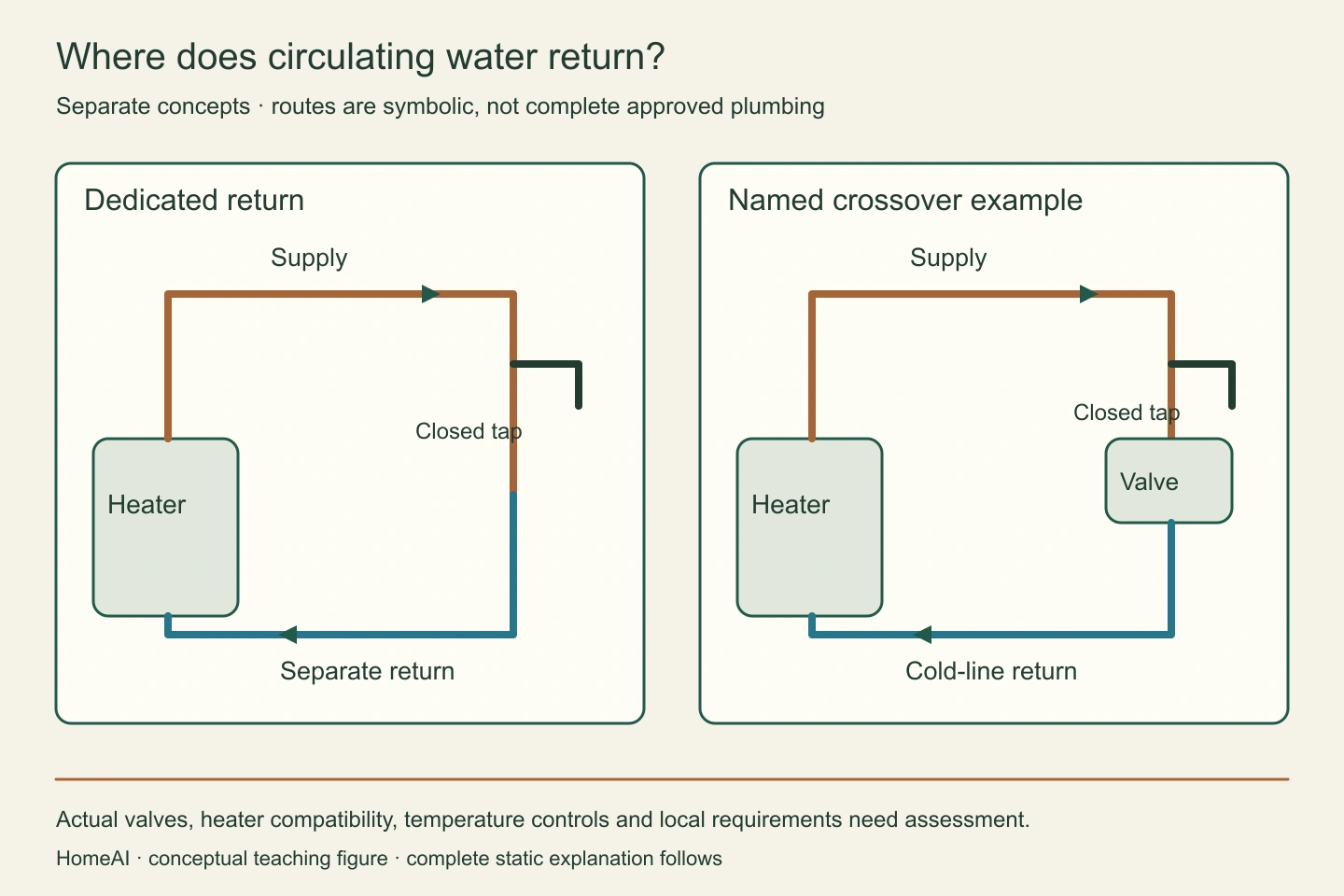 A dedicated return brings circulating water back through its own pipe. The named crossover alternative uses the cold line under its intended valve and controls. Neither route discharges through the closed tap.