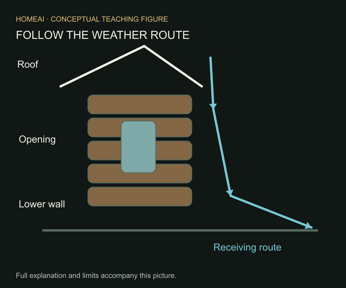 Follow rain from the roof to its receiving route. Roof edges, opening details and the lower wall connect the weather enquiry. Blue arrows show a conceptual outside route, not proof that a particular home drains this way.