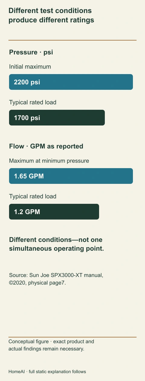 The named2020 SPX3000-XT manual separates initial maximum and typical loaded pressure, and maximum versus rated flow. The four values are not one simultaneous operating point.