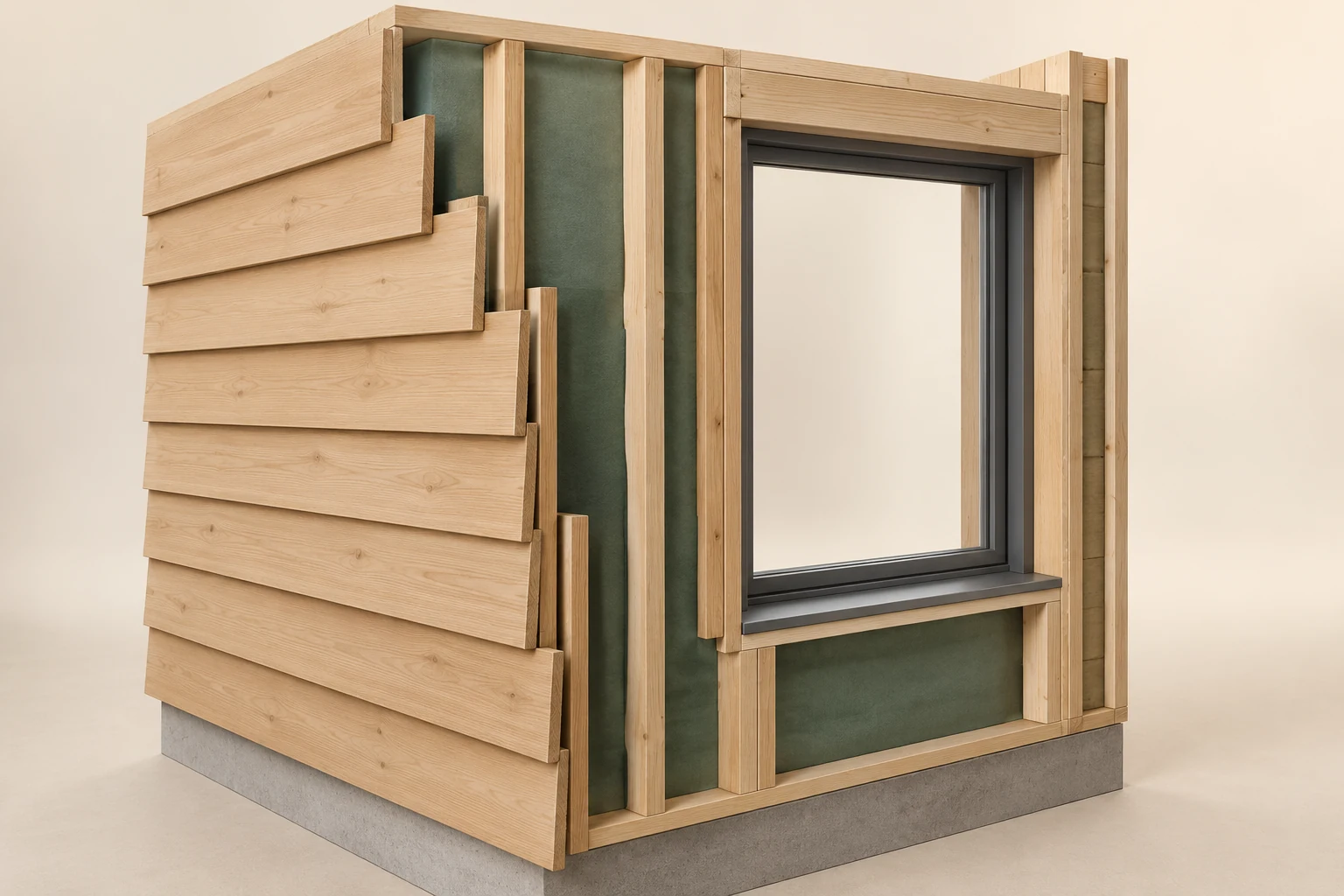 Conceptual horizontal timber-clad wall model with a cut edge exposing vertical timber pieces and muted green backing beside a simple window frame