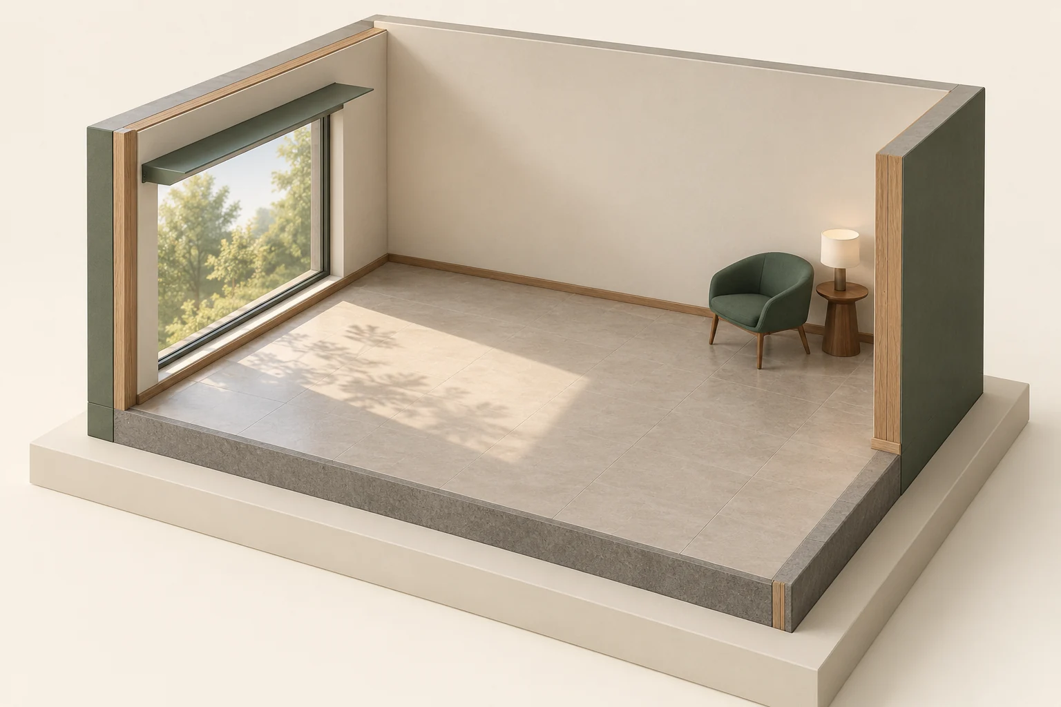 Conceptual cream and timber room cutaway with closed glazing, a solid overhead blade, a sunlit patch and tree shadows on a pale floor, opaque wall faces, a green chair and a table lamp.