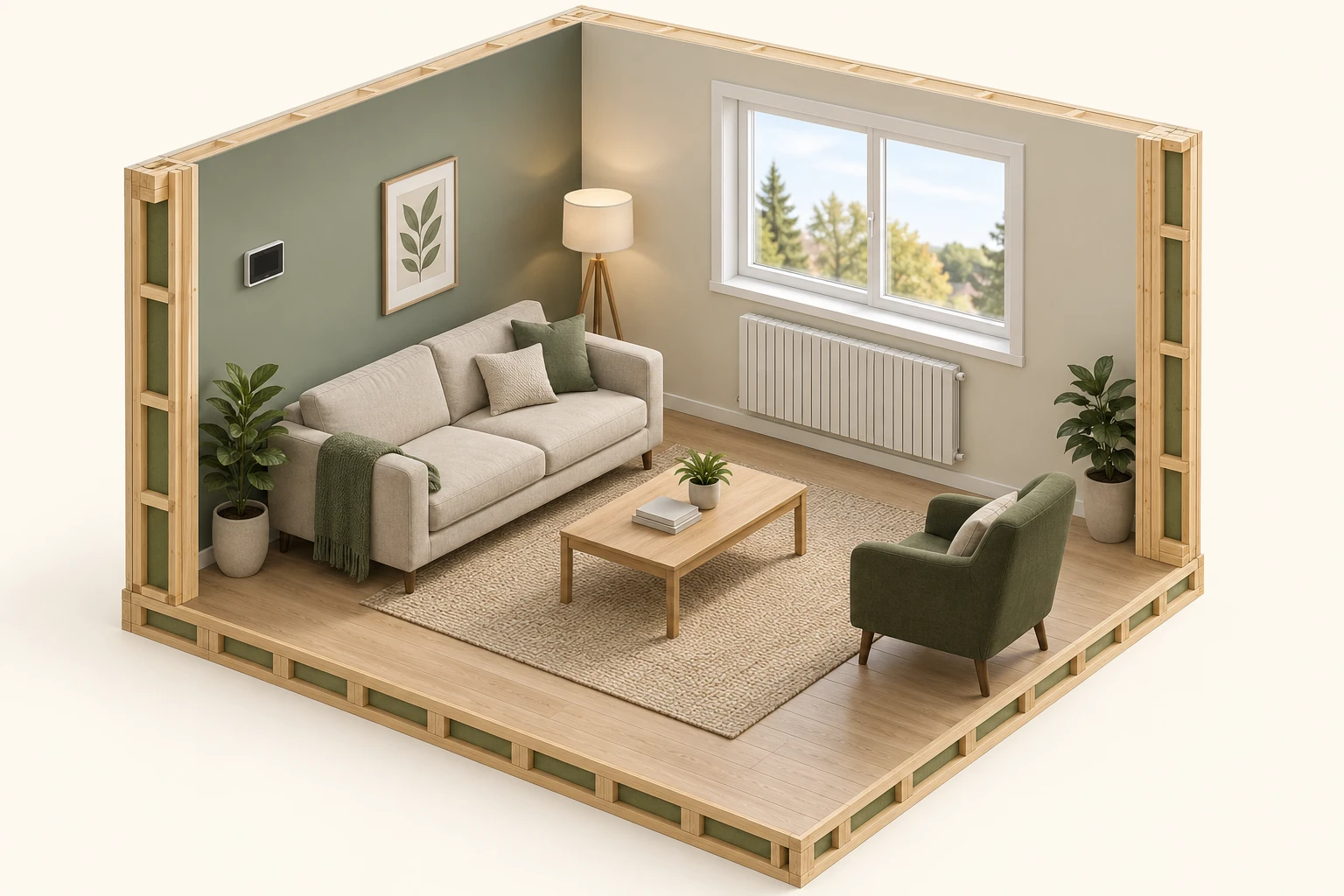 Conceptual timber living-room cutaway with a blank wall device, closed window, finned radiator specimen and ordinary seating