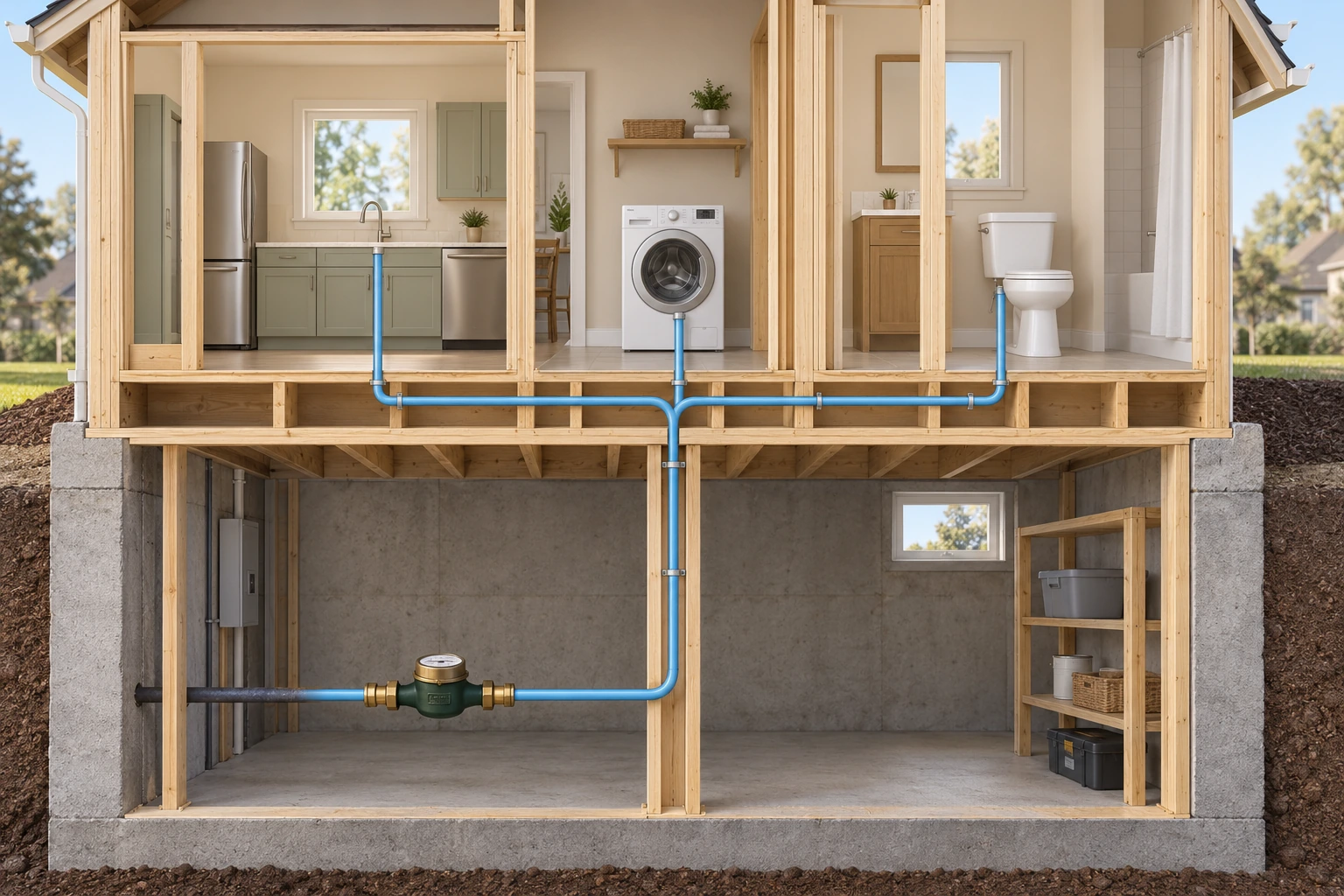 Original skeleton-house illustration places one conceptual meter before a blue shared supply and branches toward a sink, laundry area and bathroom toilet. The meter face provides no readable measurement. Fixture and pipe forms explain the shared boundary without establishing a real property route or installation.
